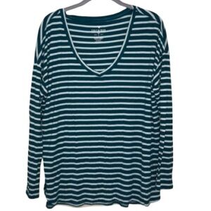 American Eagle Green & White Stripped Relaxed Stretchy Long Sleeve V Neck Top